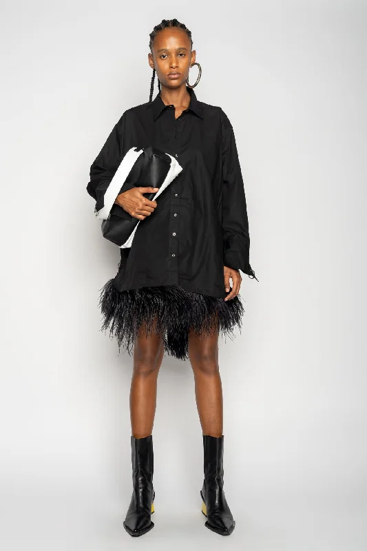 BLACK FEATHER HEM SHIRT DRESS