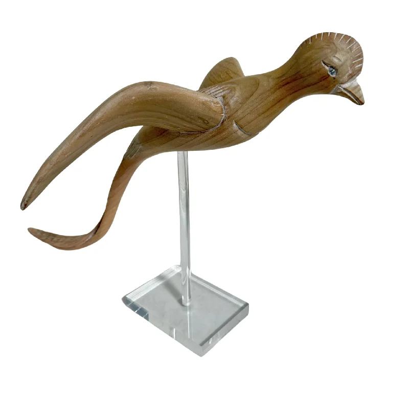 Carved Wood Bird Statue with Crossed Tail Feathers on an Acrylic Stand