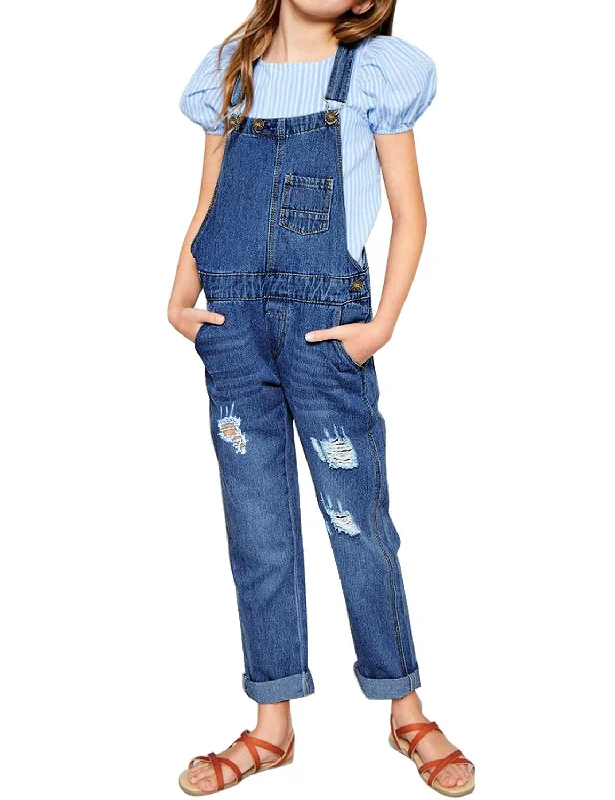 Dark Blue Cuffed Hem Distressed Girls' Denim Jeans Overall