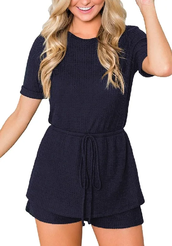 Navy Crew Neck Overlay Drawstring Knit  Romper