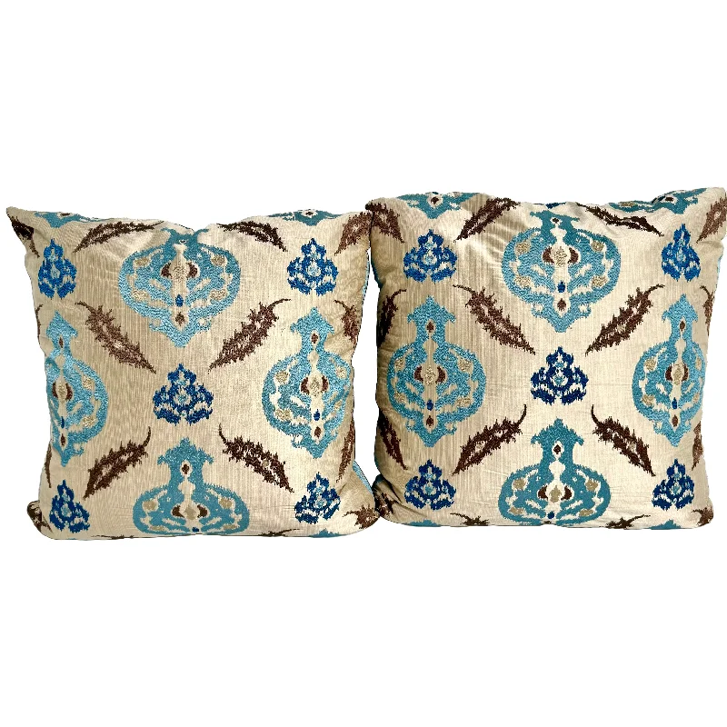 Pair of Custom Embroidered Silk Accent Pillows