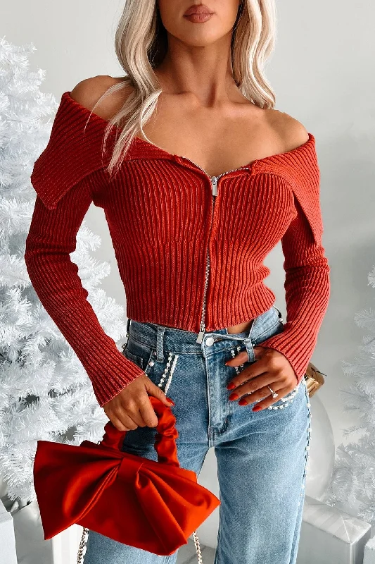 Araxie Off The Shoulder Zip-Up Sweater Top (Red)