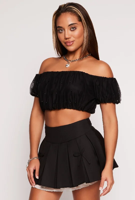 Beaded Mesh Off the Shoulder Crop Top