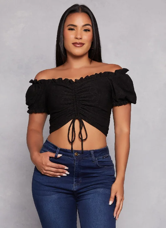 Eyelet Ruched Front Peasant Top