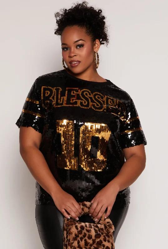 Plus Size Blessed 10 Sequin Mesh Top