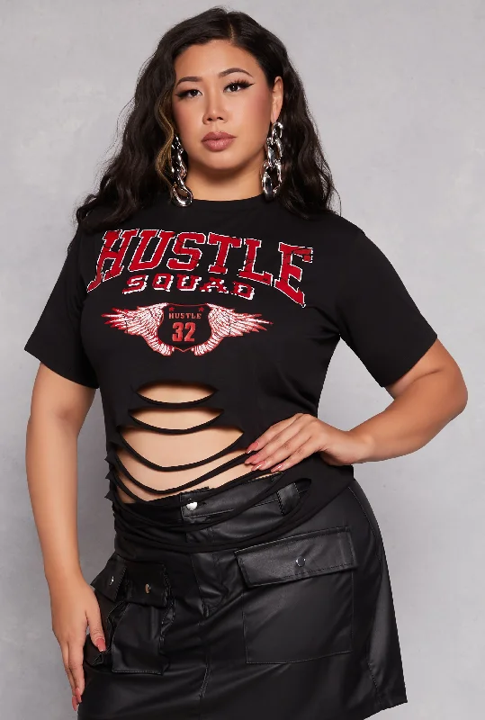 Plus Size Hustle Squad Laser Cut Short Sleeve Graphic Tee