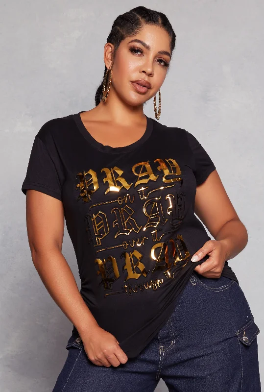 Plus Size Pray Foil Screen Embossed Graphic Tee