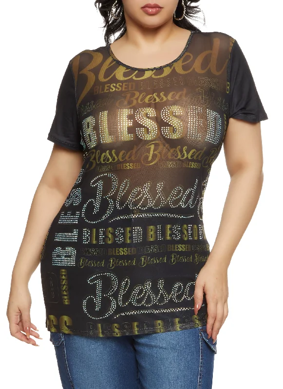 Plus Size Rhinestone Mesh Blessed Tunic Top