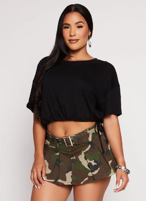 Solid Crew Neck Drawstring Hem Top