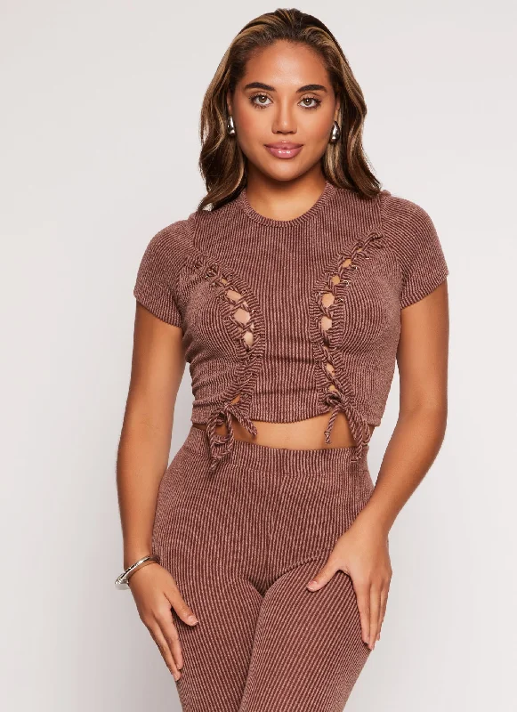 Ribbed Knit Ruched Lace Up Crop Top