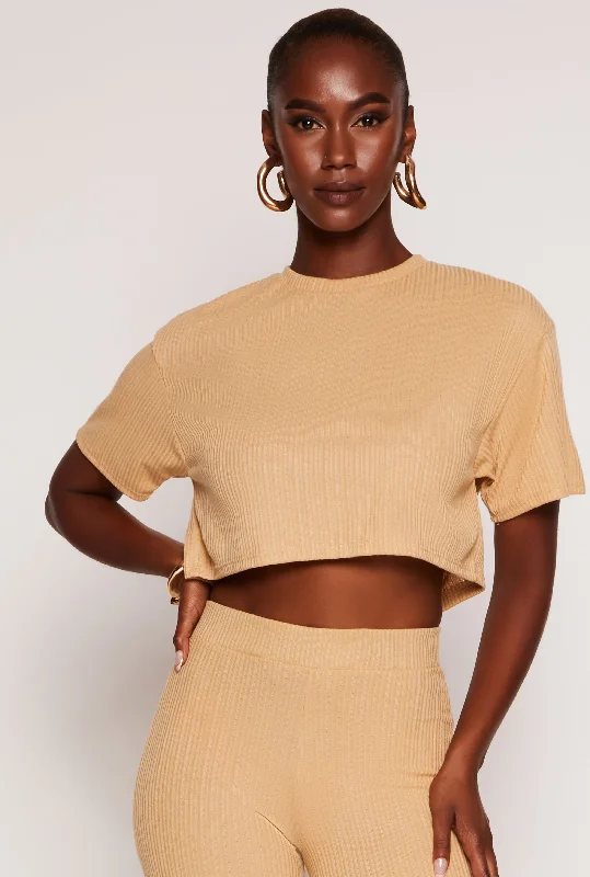 Ribbed Knit Crew Neck Cropped Tee