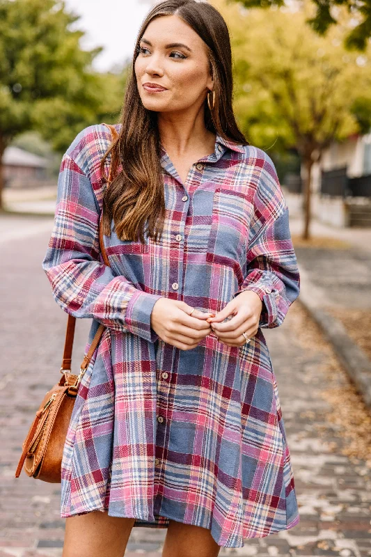 Work On It Dusty Blue Plaid Dress