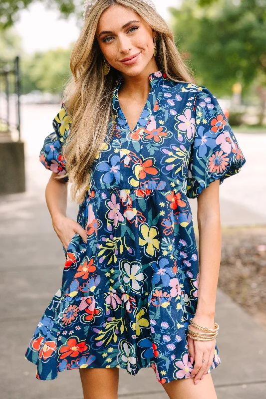 THML: On My Mind Navy Blue Floral Babydoll Dress