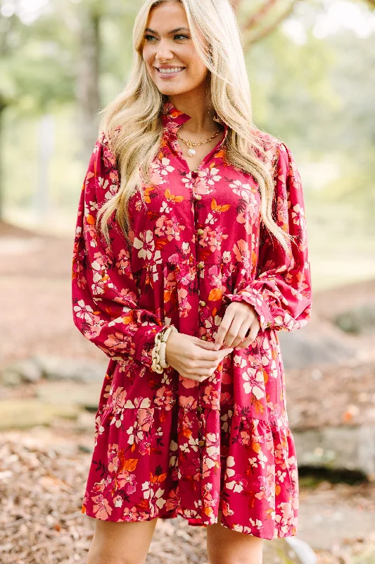 On The Right Track Burgundy Red Floral Babydoll Dress