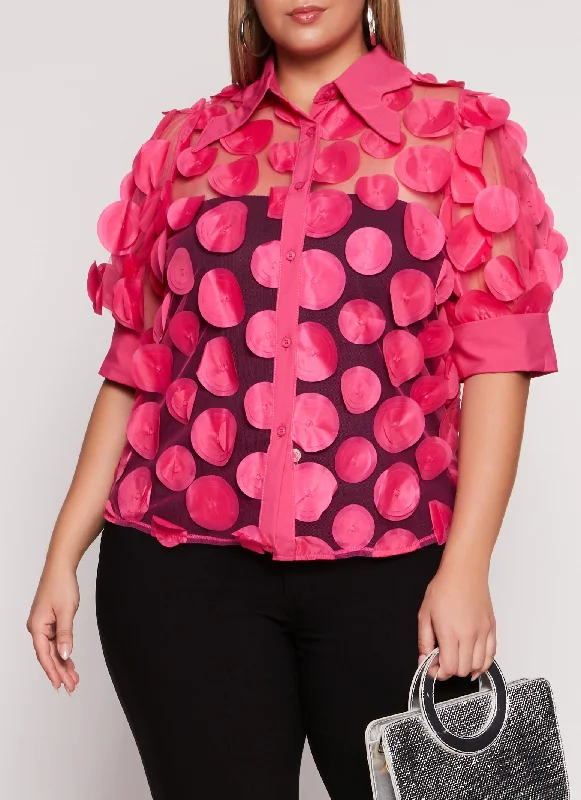 Plus Size Organza Polka Dot Applique Top