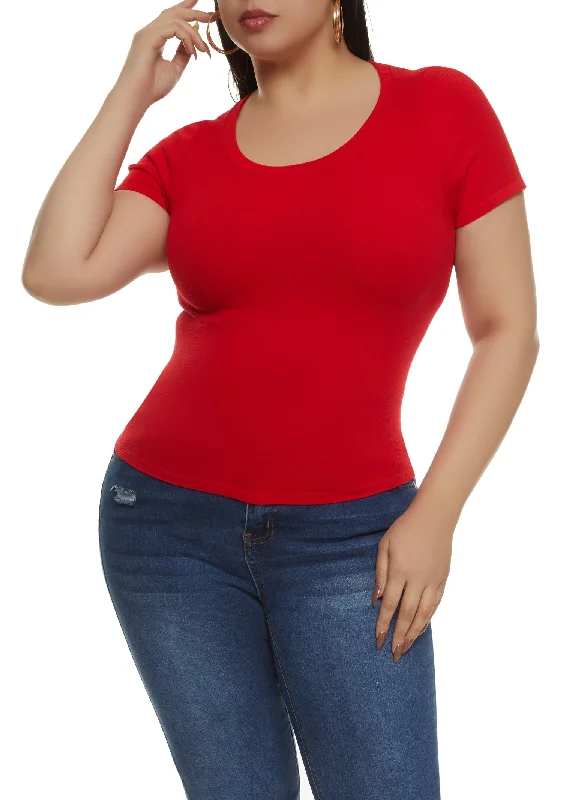 Plus Size Ribbed Crew Neck T Shirt