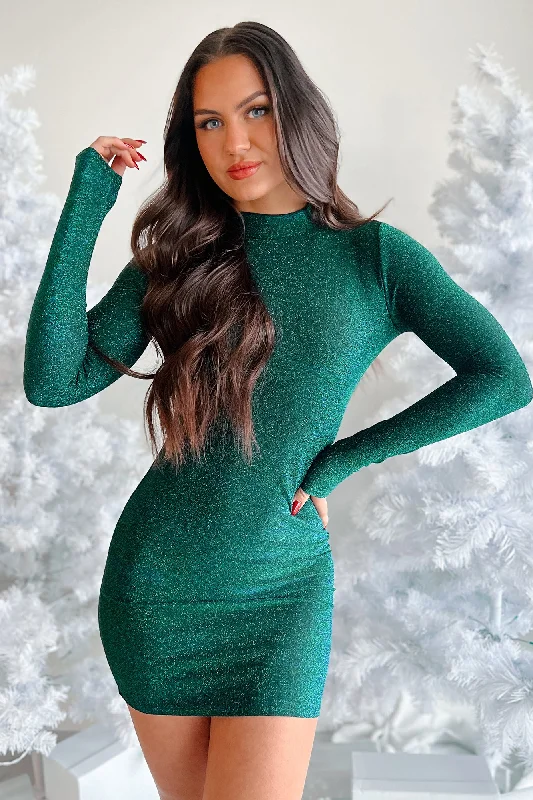 Taste Of Perfection Open Back Glittered Mini Dress (Metallic Green)