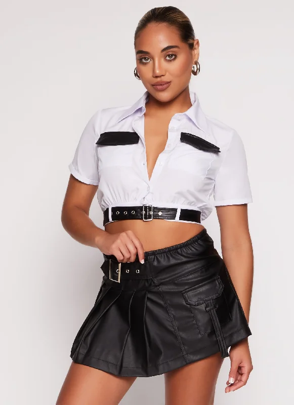 Faux Leather Buckle Trim Cropped Shirt