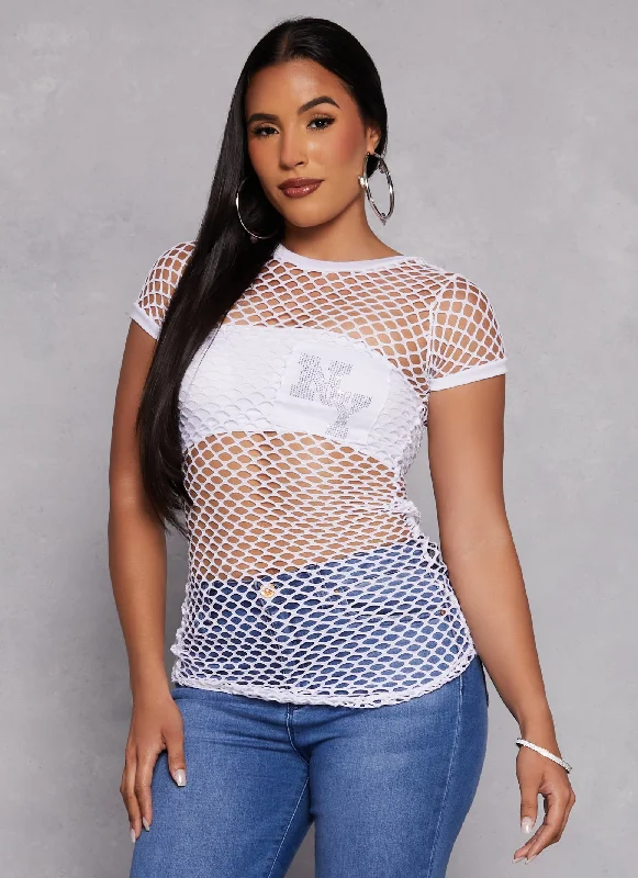 NY Rhinestone Pocket Fishnet Top