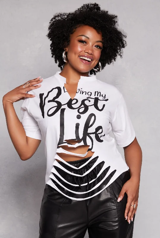 Plus Size Best Life Laser Cut Graphic T Shirt