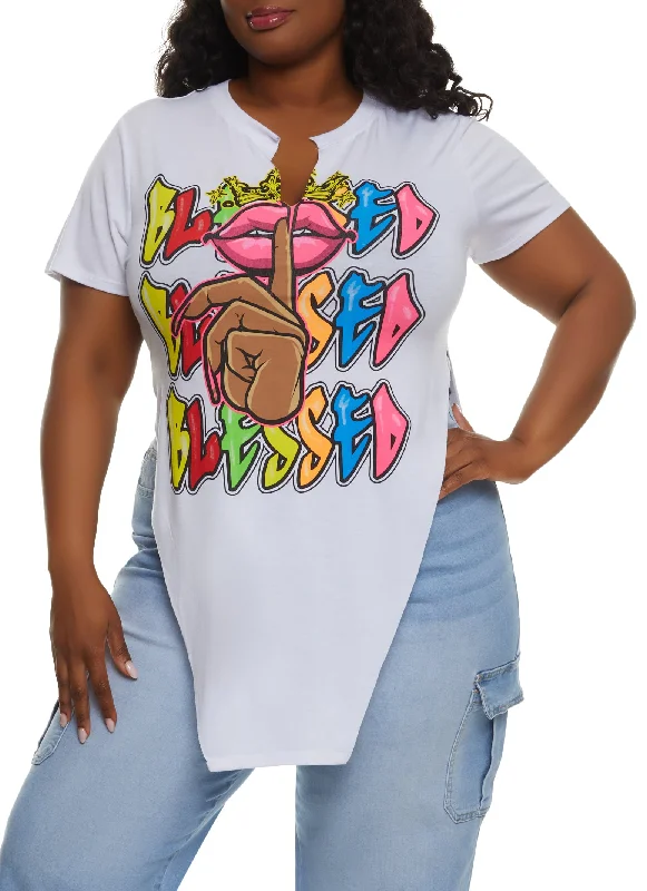 Plus Size Blessed Graffiti Hanky Hem Graphic Tee