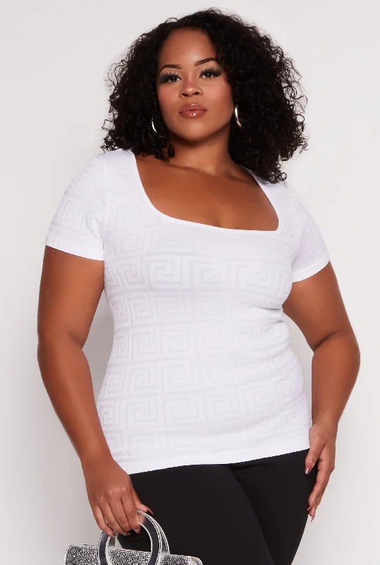 Plus Size Seamless Greek Key Square Neck Top