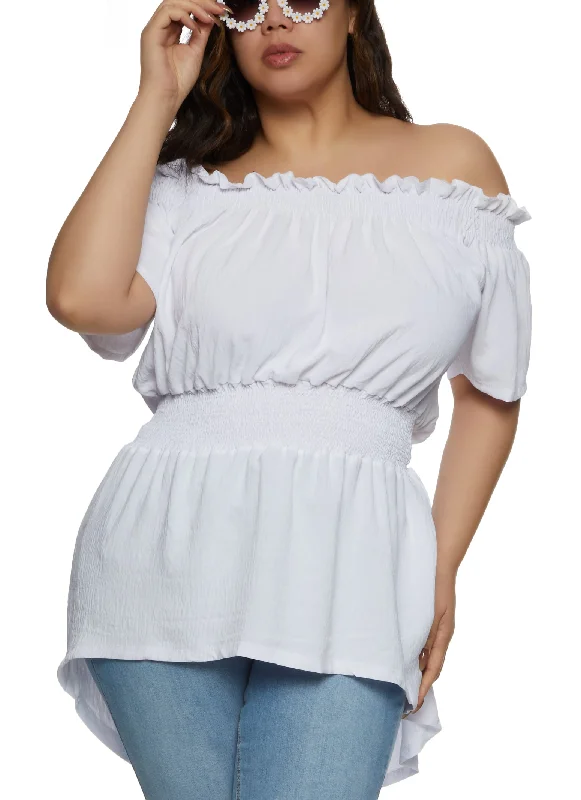 Plus Size Solid Smocked Off the Shoulder Blouse