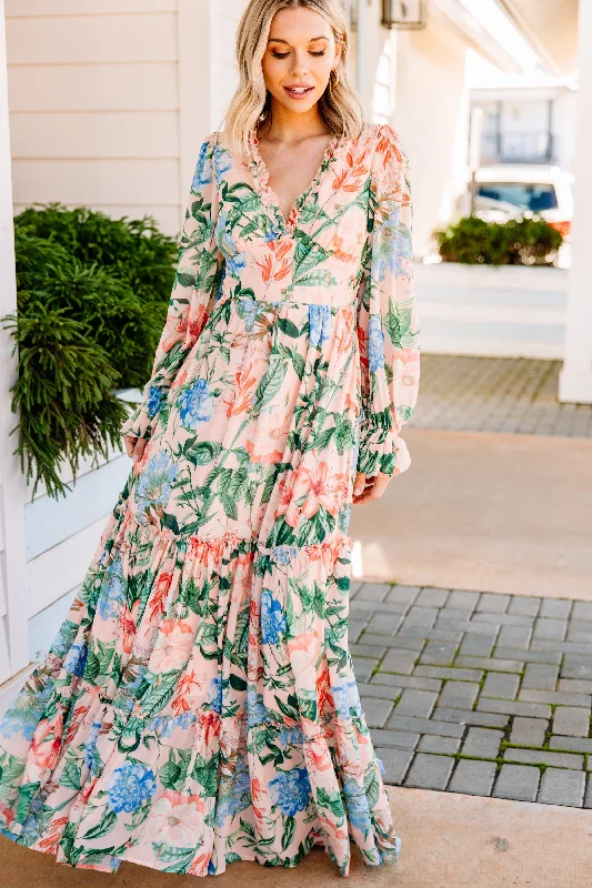 Let's Go Back Peach Pink Floral Maxi Dress