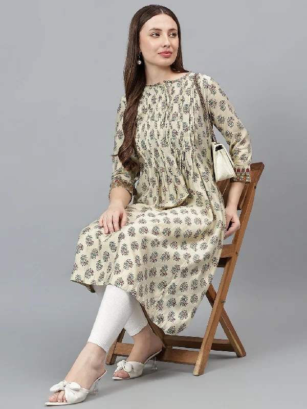 Women's Ecru Printed Round Neck Long Kurti