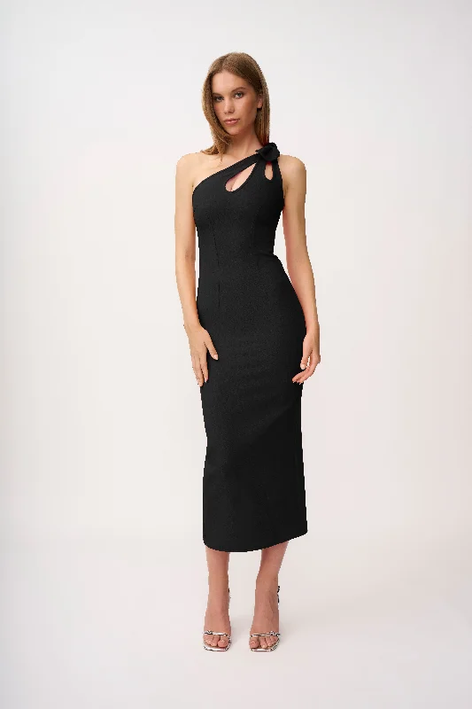 Chiara One Shoulder Midi Dress - Black