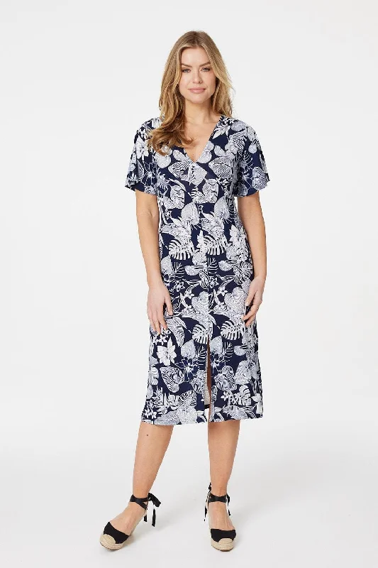 Leaf Print Front Split Midi Dress