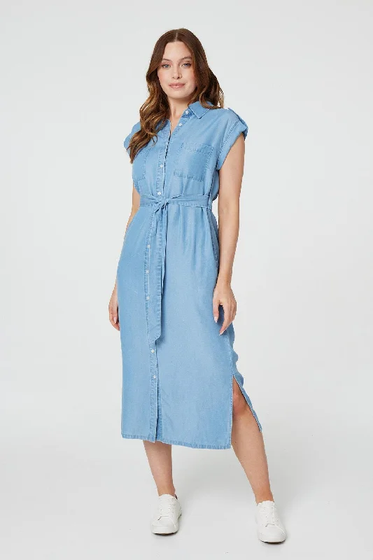 Denim Side Split Midi Shirt Dress