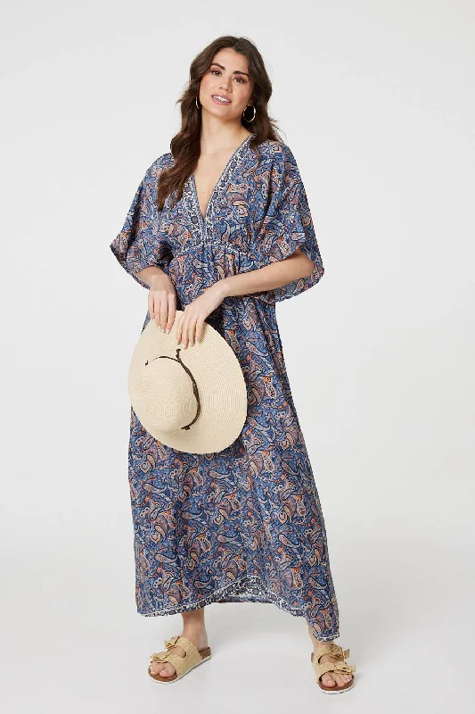 Paisley Print Kimono Sleeve Midi Dress