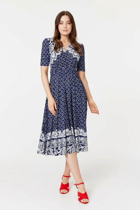 Printed 1/2 Sleeve Midi Dress