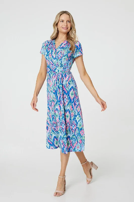 Printed Ruched Faux-Wrap Midi Dress