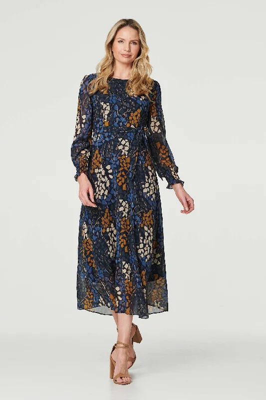 Printed Long Puff Sleeve Midi Dress