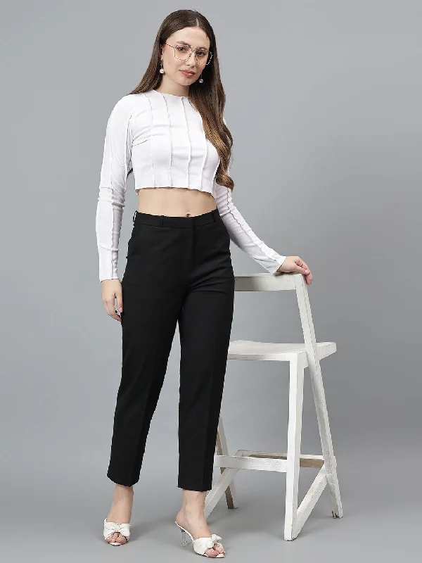 Women's Solid Black Full length Mid Rise Trousers