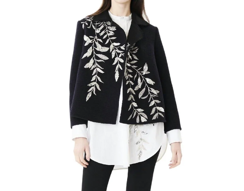 Beaded Embroidery Open Front Wool Blazer In Black