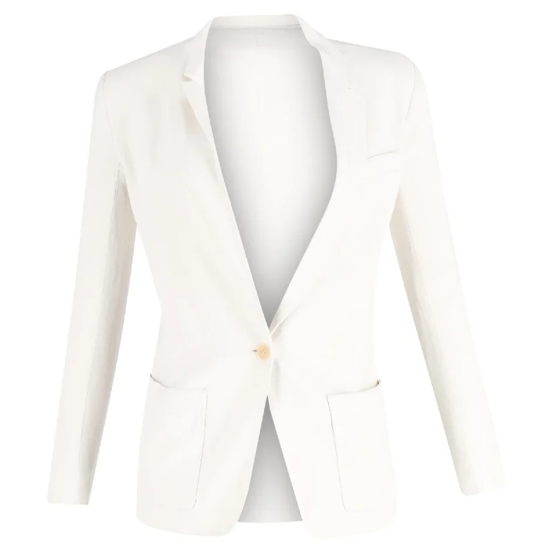 Maje Single-Breasted Blazer with Pockets in White Linen