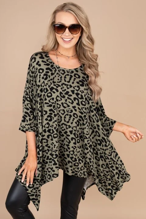 Out For The Day Olive Green Leopard Poncho