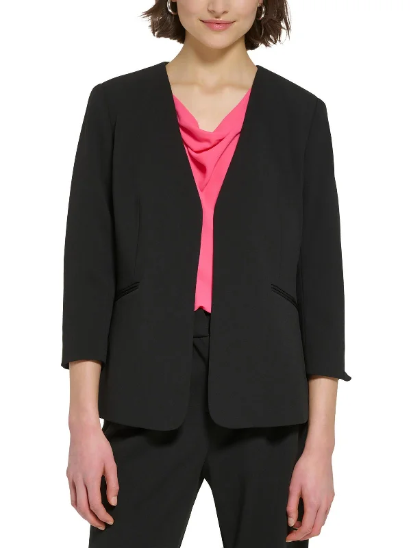 Petites Womens Woven Collarless Open-Front Blazer