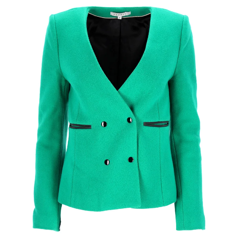 Sandro Paris Double-Breasted Blazer with Pockets in Green Wool