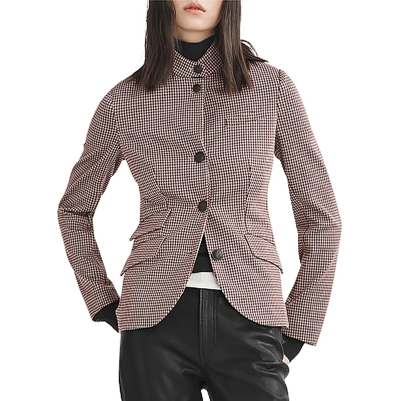 Womens Plaid Pockets Open-Front Blazer