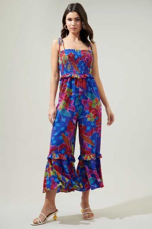 Amazonia Blue Jadora Smocked Tie Strap Cropped Jumpsuit