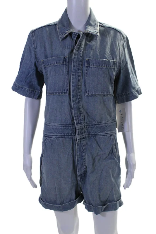 Amo Womens Cotton Short Sleeve Collar Button Shorts Denim Romper Blue