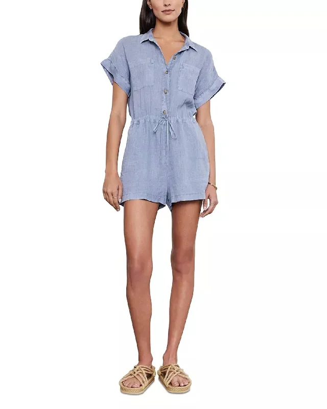 Clare Short Linen Romper In Blue