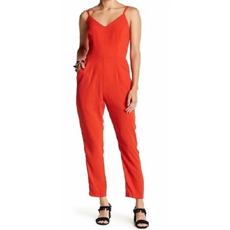 Crepe V Neck Spaghetti Straps Jumpsuit In Red