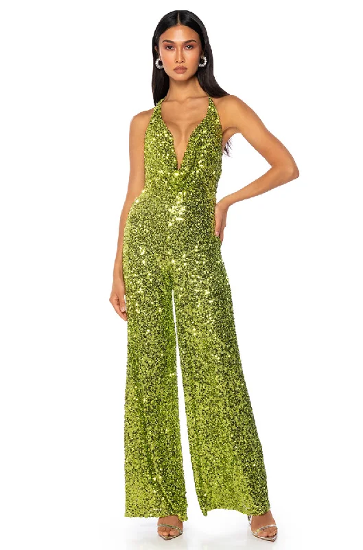 JODIE SCOOP NECK SEQUIN JUMPSUIT IN LIME