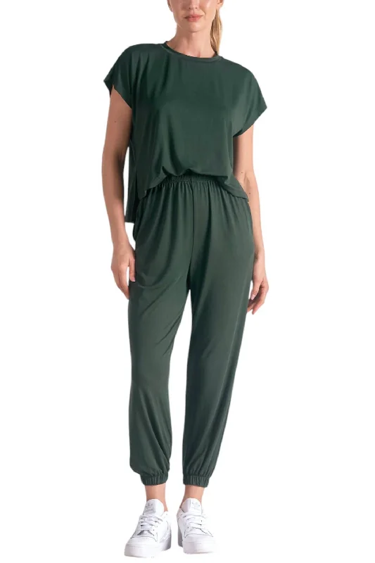 Short Sleeve T-Shirt Jumpsuit In Dark Green