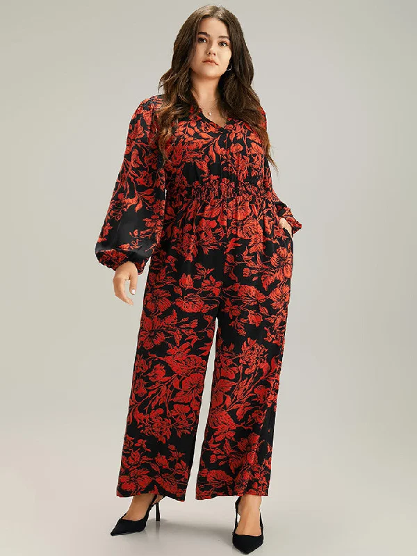 Silhouette Floral Print Notched Shirred Jumpsuit